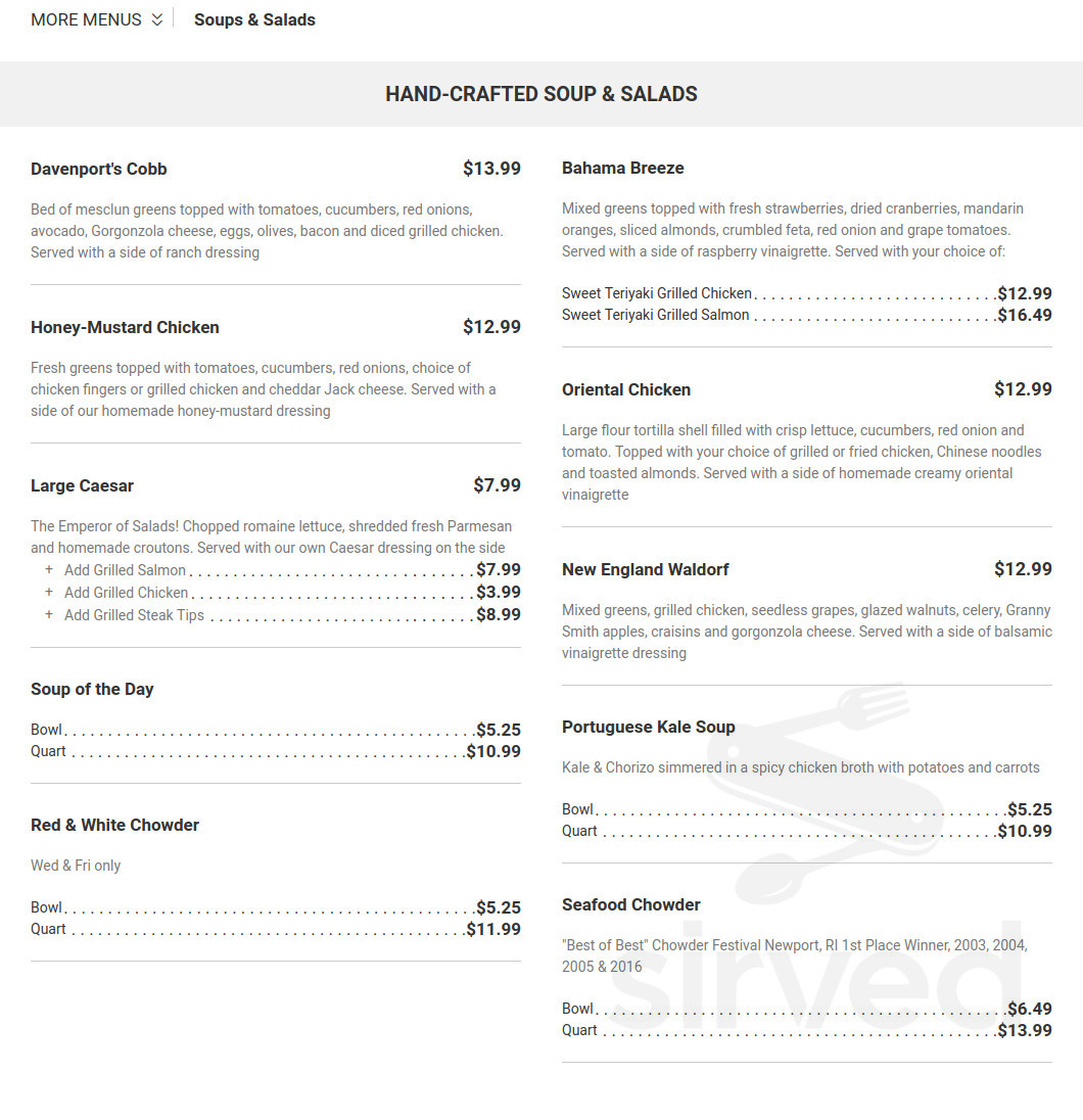 Davenport's Family Restaurant menu in Cumberland, Rhode Island, USA