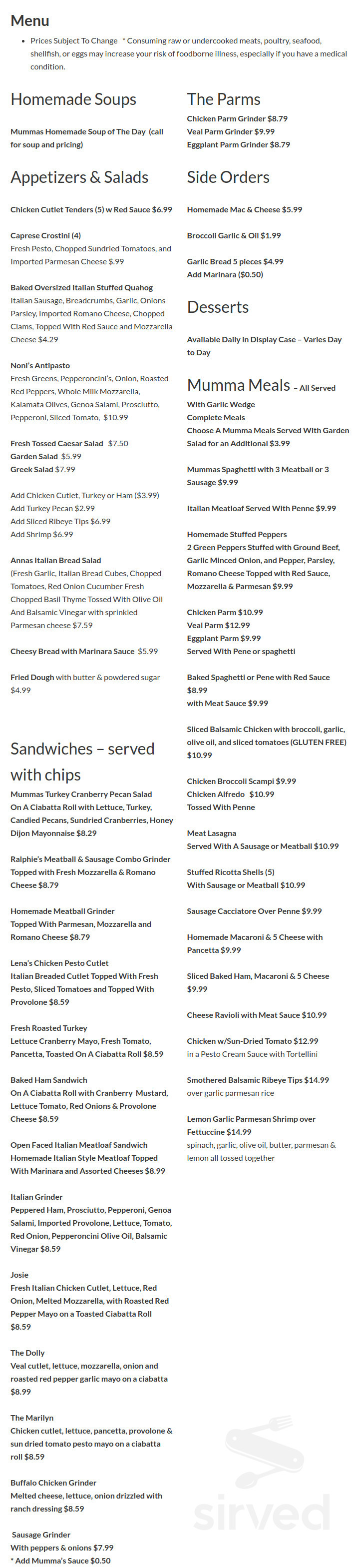 Mumma Marys Italian Cafe menu in Wareham, Massachusetts