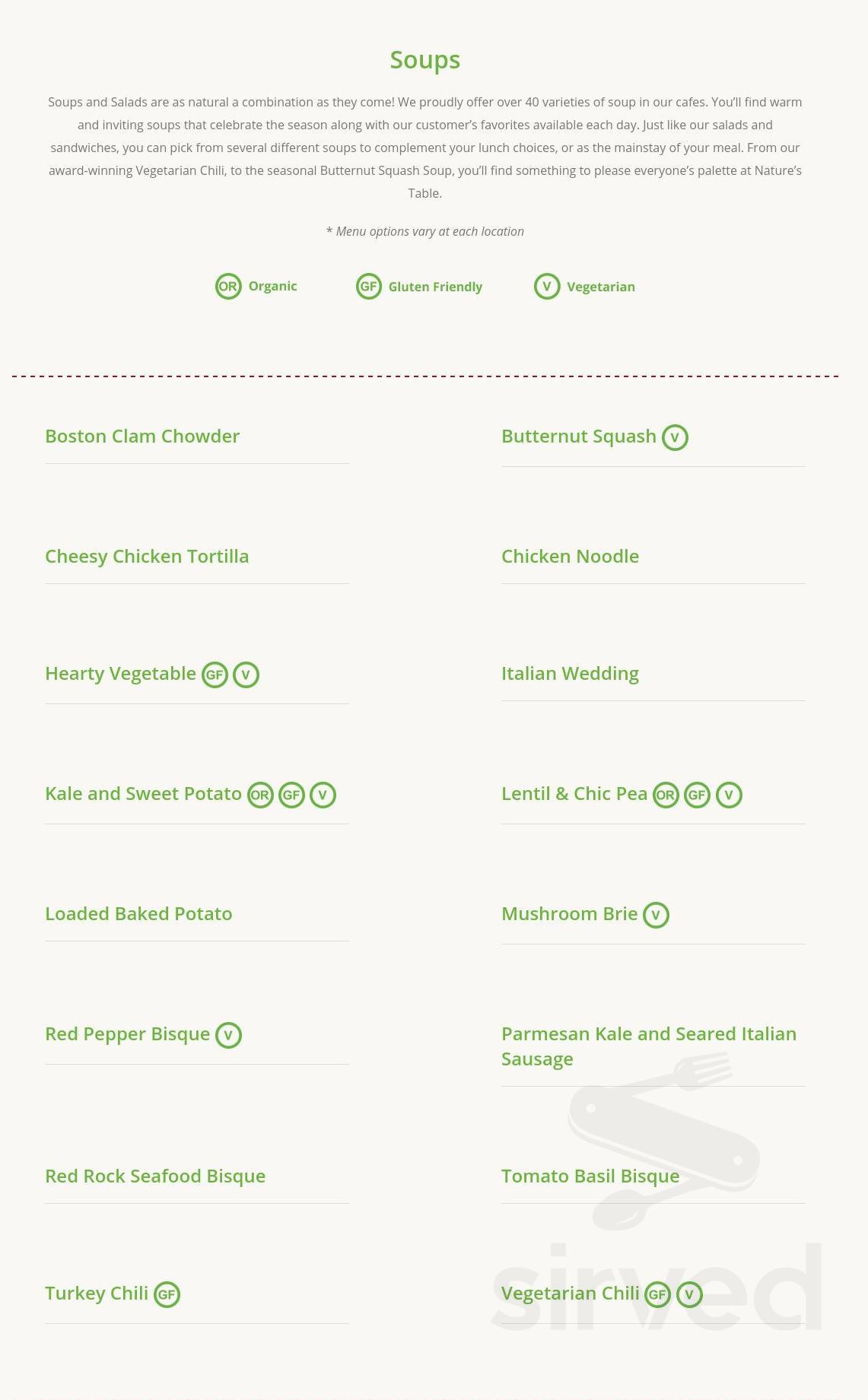 Nature's Table menu in Cerritos, California