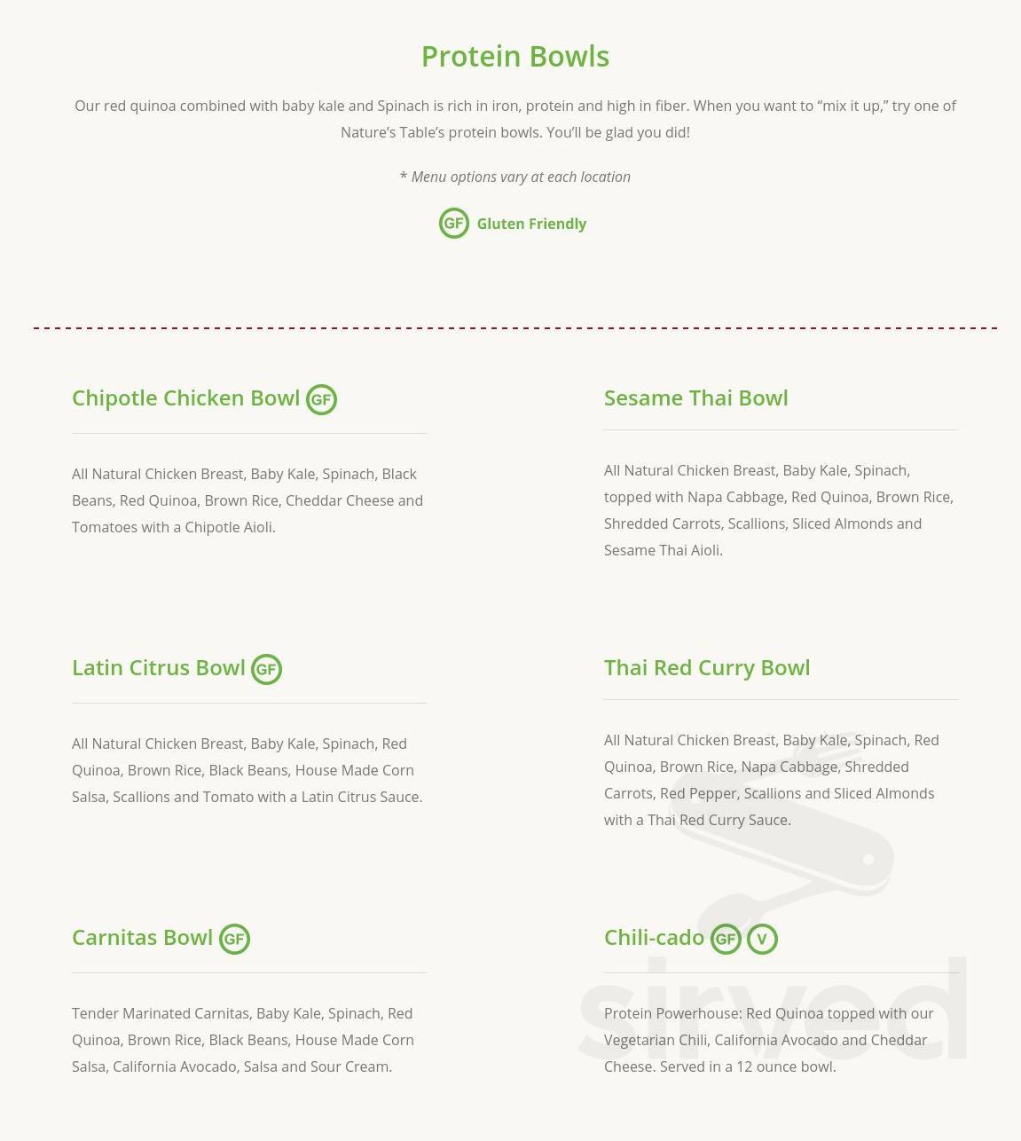 Nature's Table menu in Cerritos, California