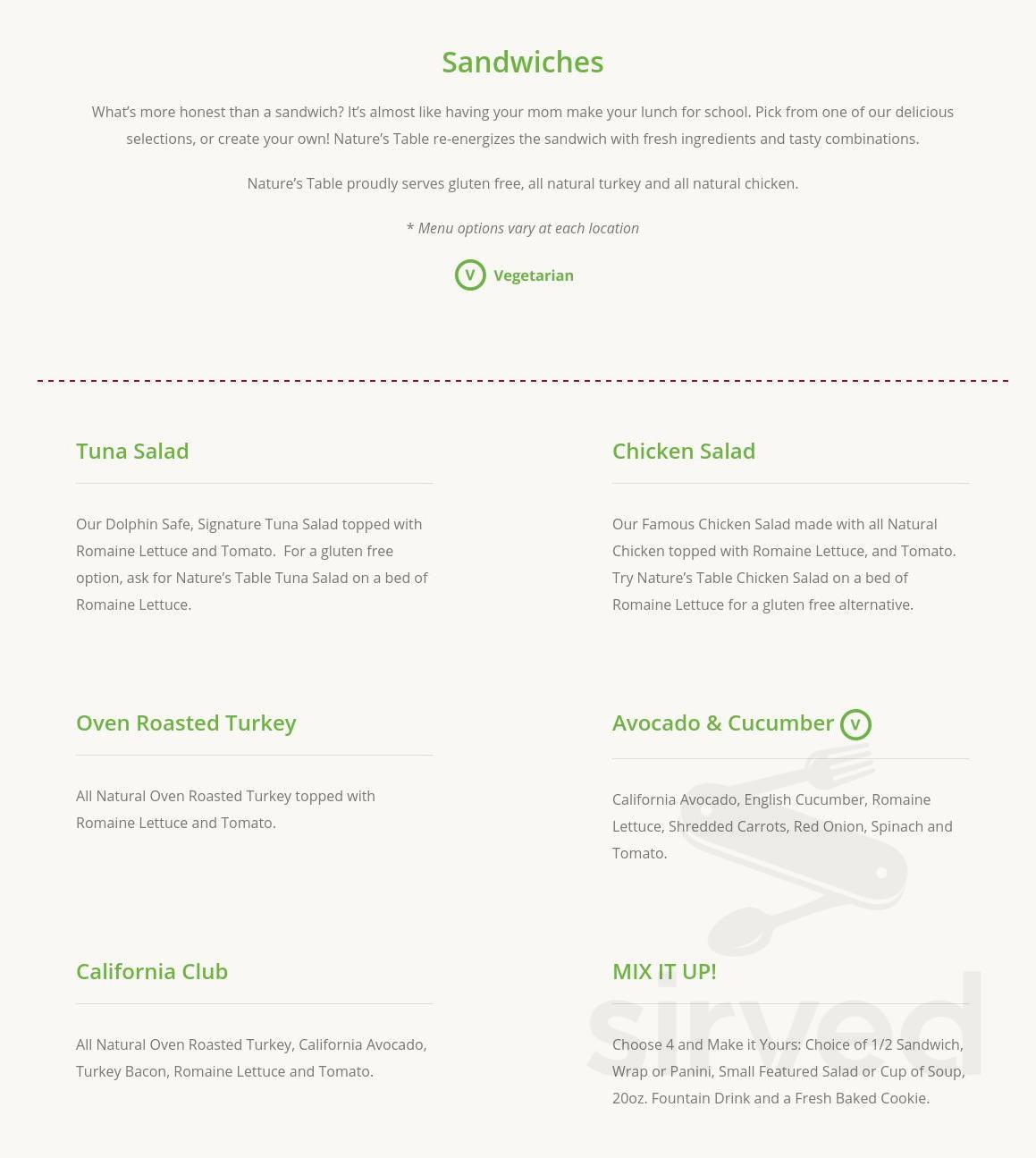 Nature's Table menu in Cerritos, California