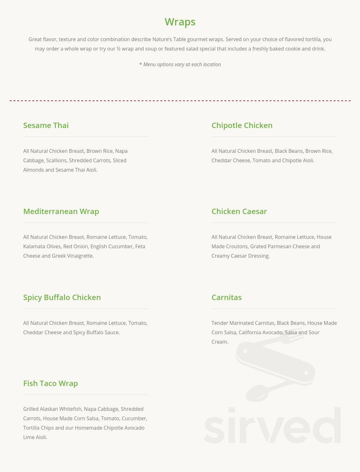 Nature's Table menu in Cerritos, California