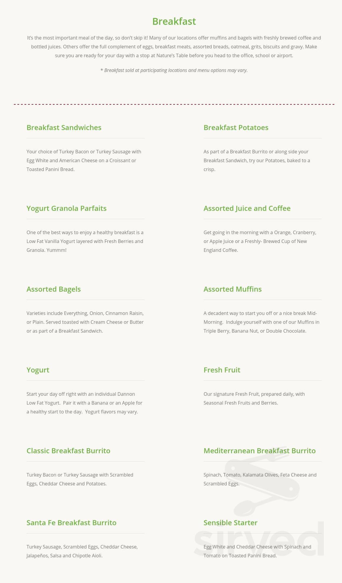 Nature's Table breakfast menu in Cerritos, California