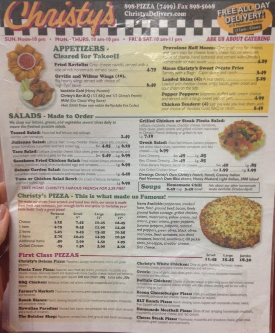 Christy's Family Pizzeria menu in Vandalia, Ohio, USA
