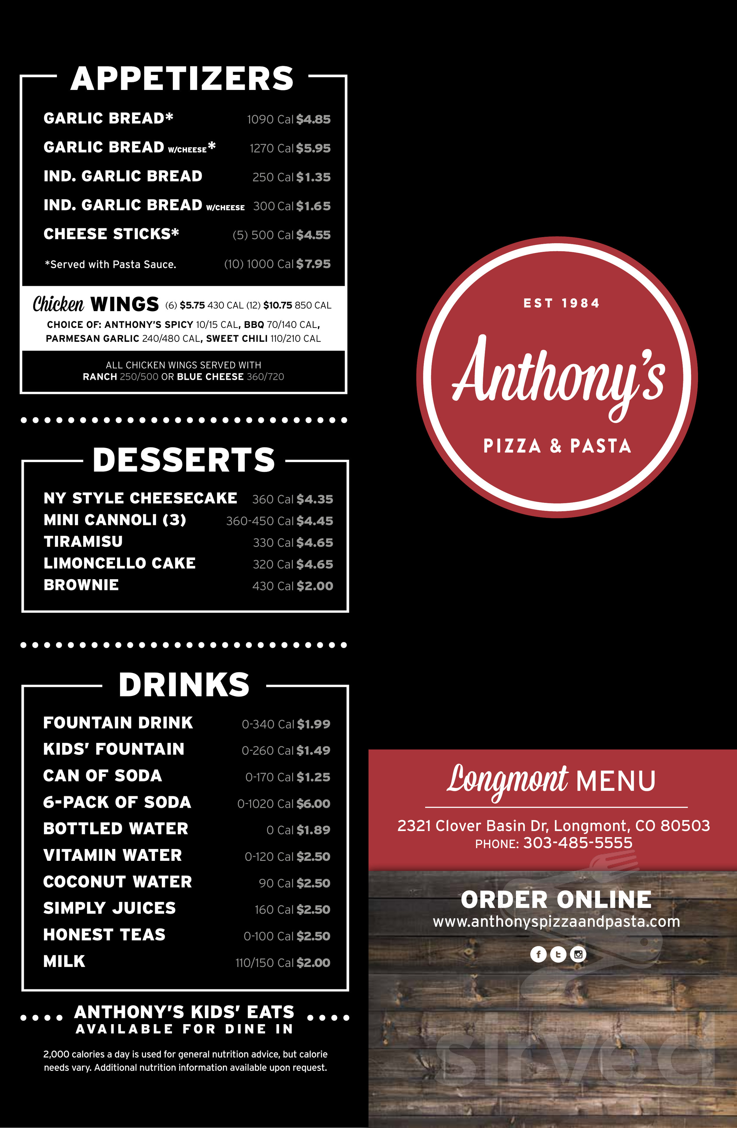Anthony's Pizza & Pasta menu in Longmont, Colorado, USA