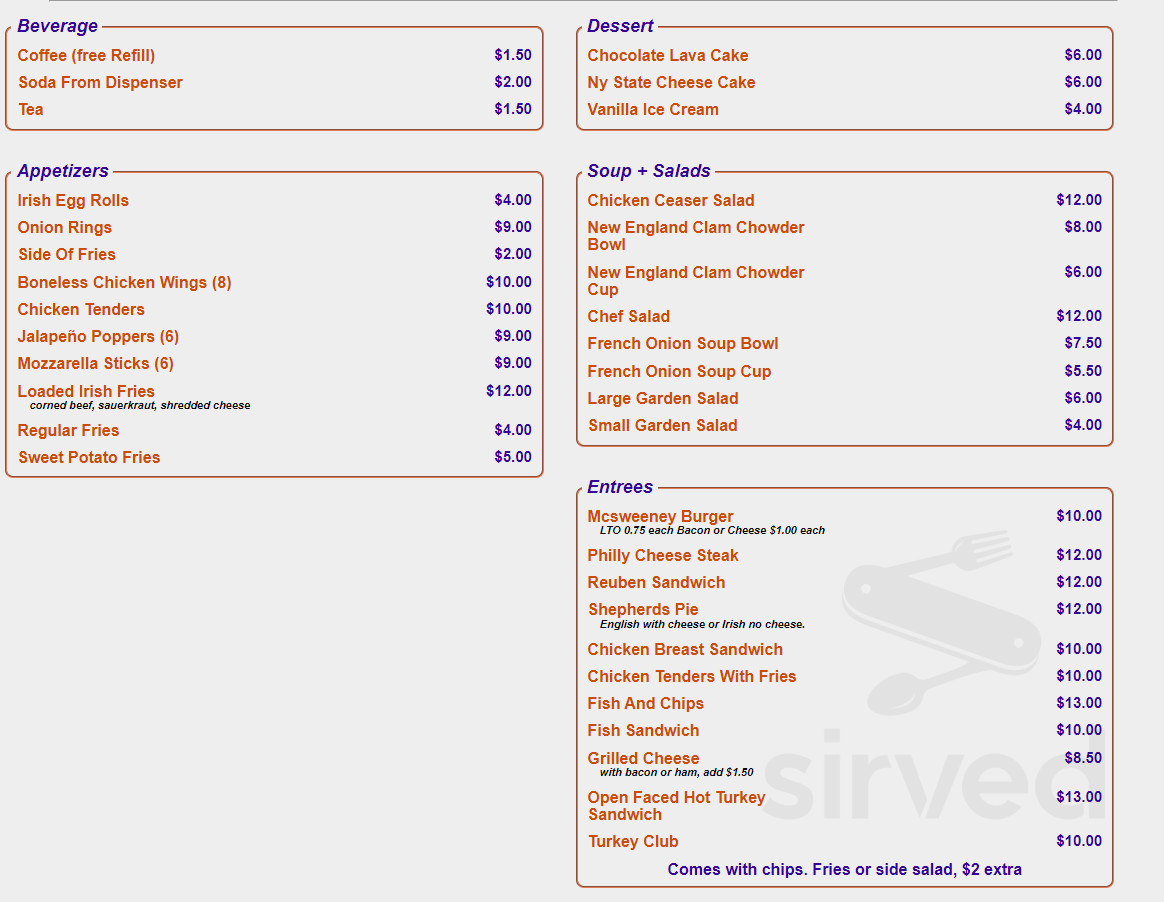 McSweeney's Irish Pub menu in Indian Lake, New York, USA