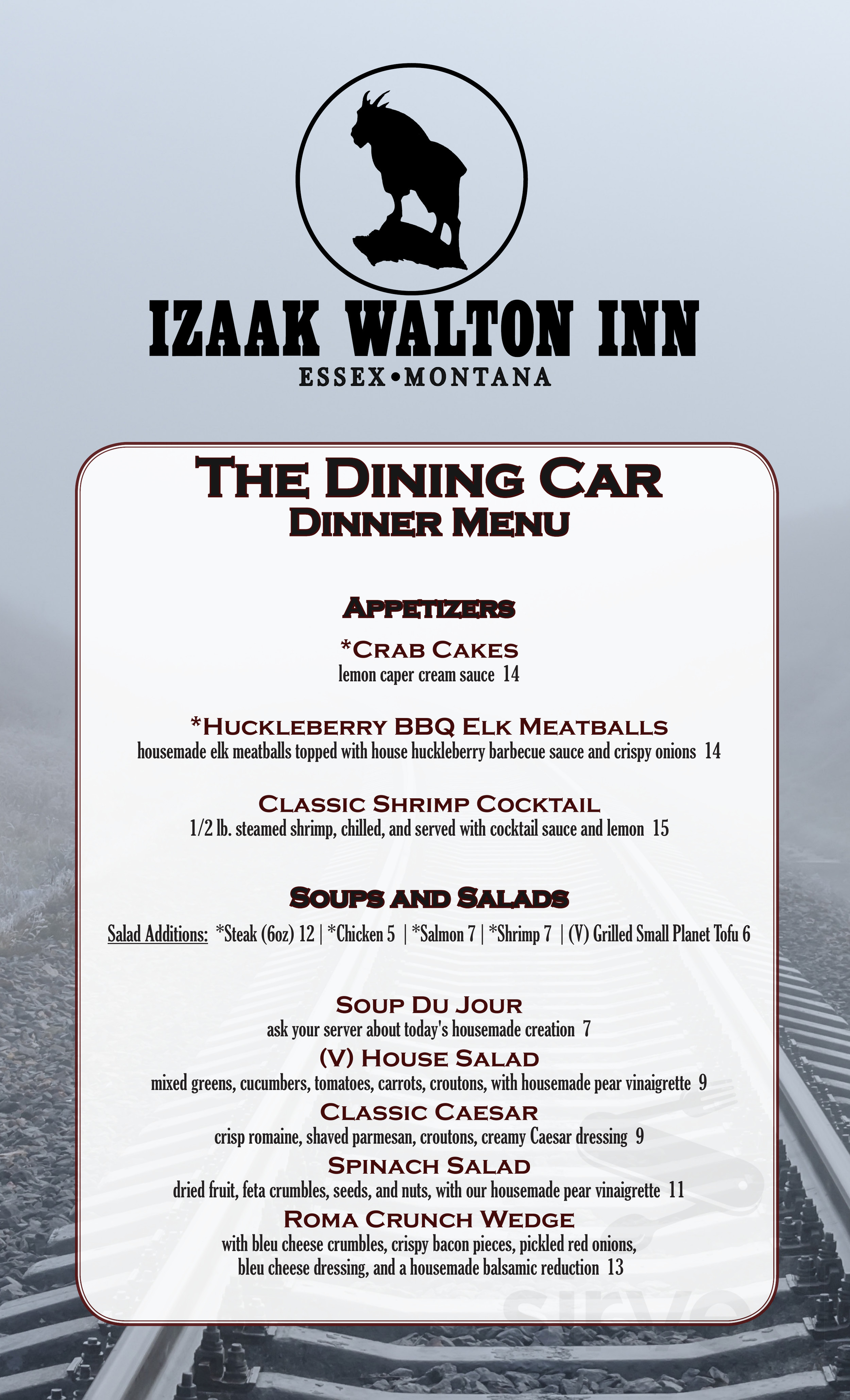 Izaak Walton Inn menus in Essex, Montana, United States