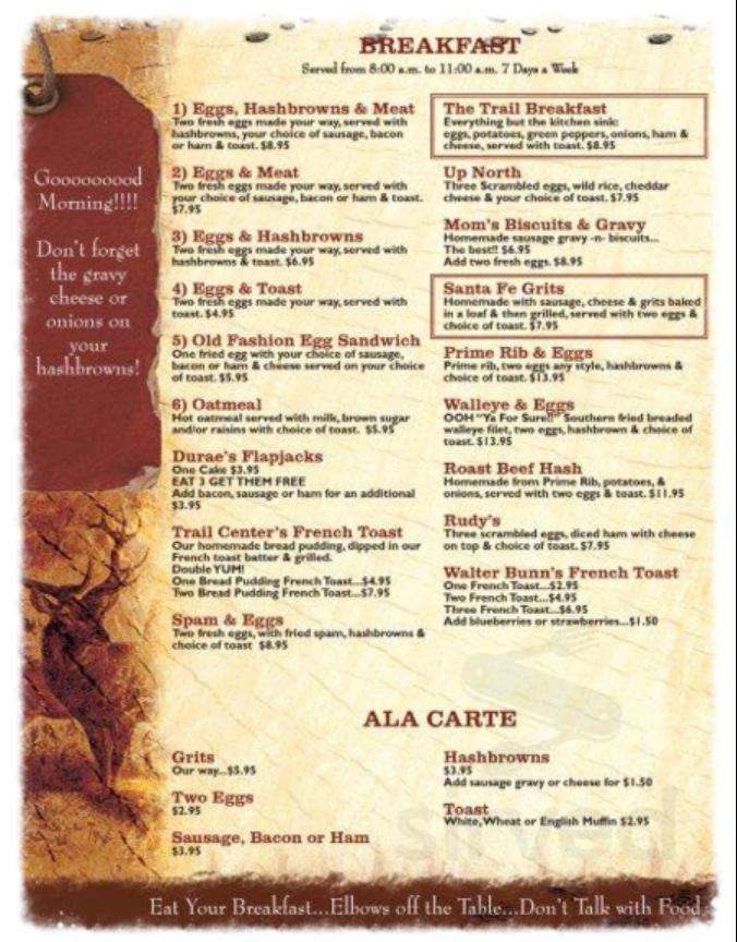 Trail Center At Poplar Lake breakfast menu in Grand Marais, Minnesota