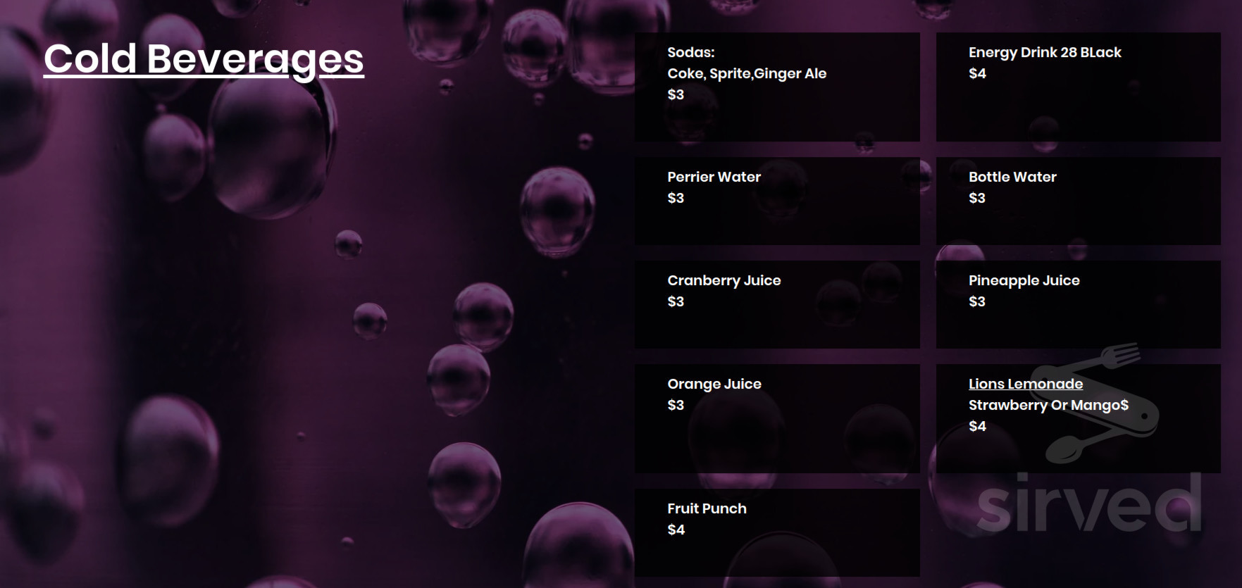 Lions the Ultra Lounge menu in Atlanta, USA