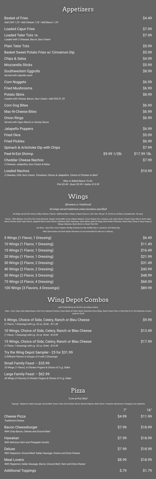 Wing Depot menu in Jacksonville, Florida, USA