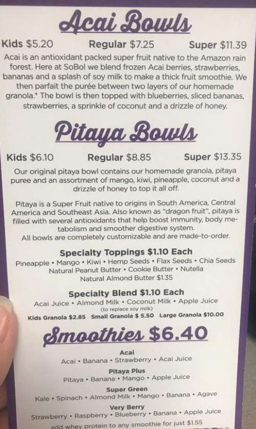 SoBol menu in Mastic Beach, New York, USA