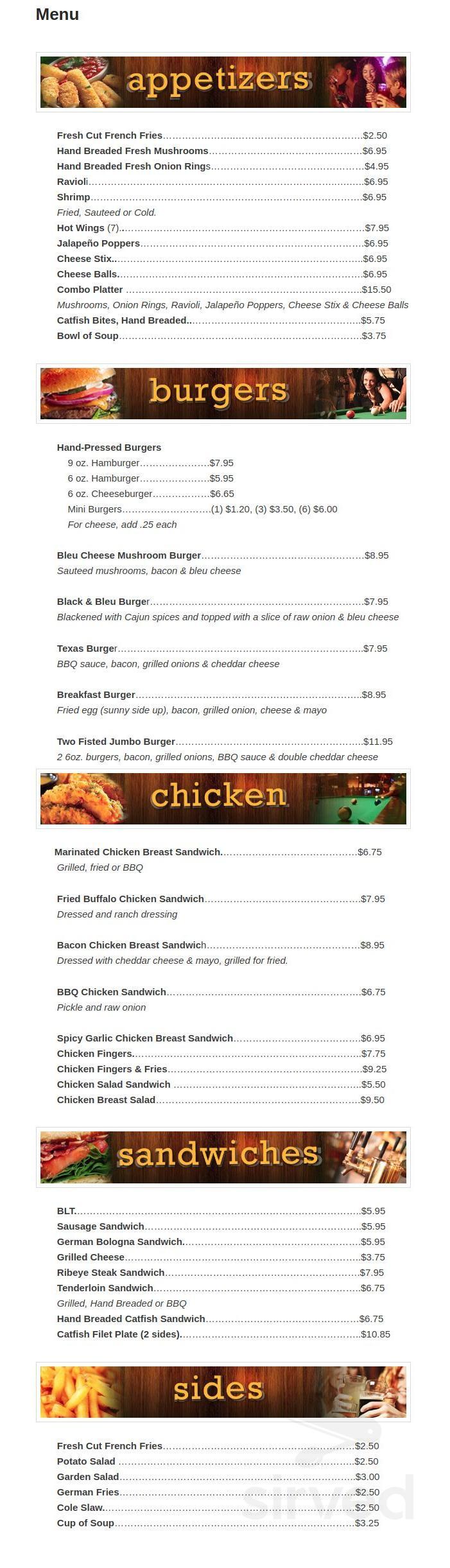 Sportsman's Grille & Billiards menu in Evansville, Indiana, USA