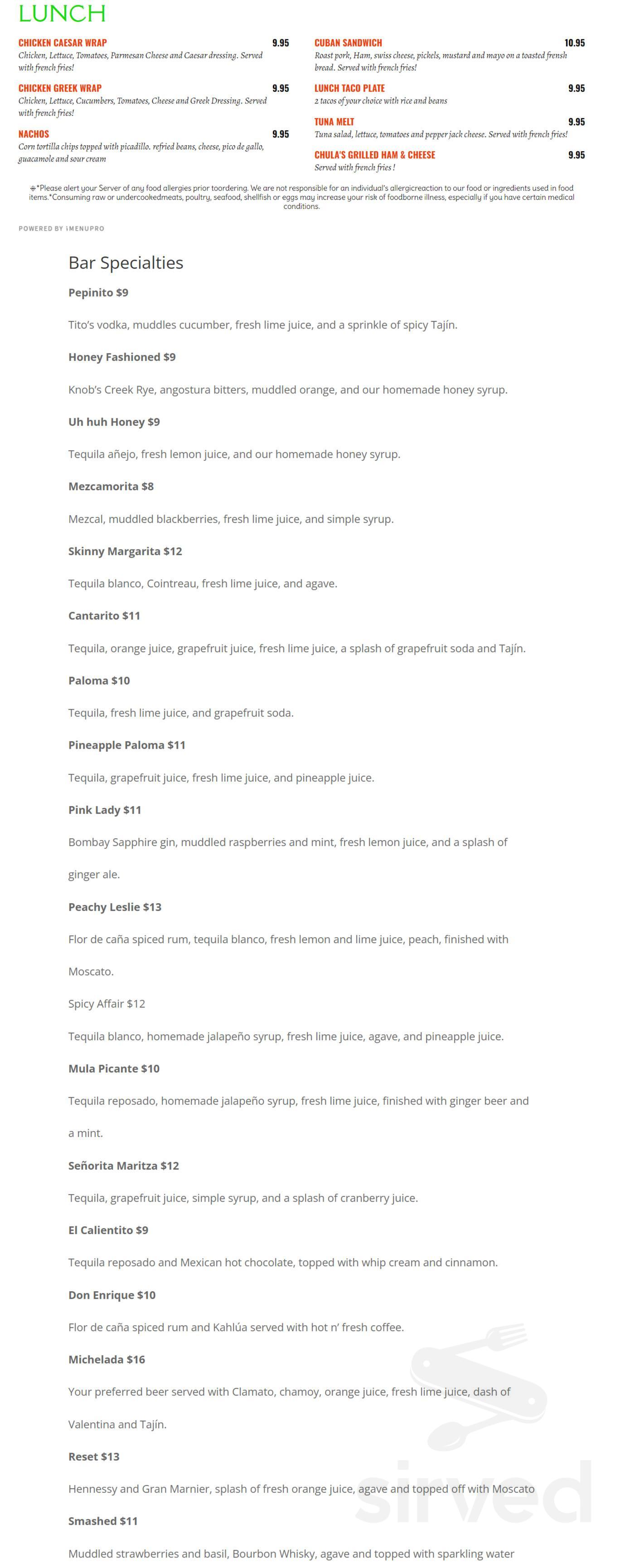 Chula's Bar and Grill menu in Downers Grove, Illinois, USA