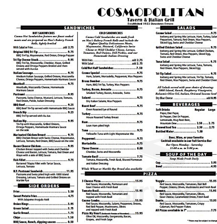 Cosmopolitan Tavern & Italian Grill menus in Fresno, California