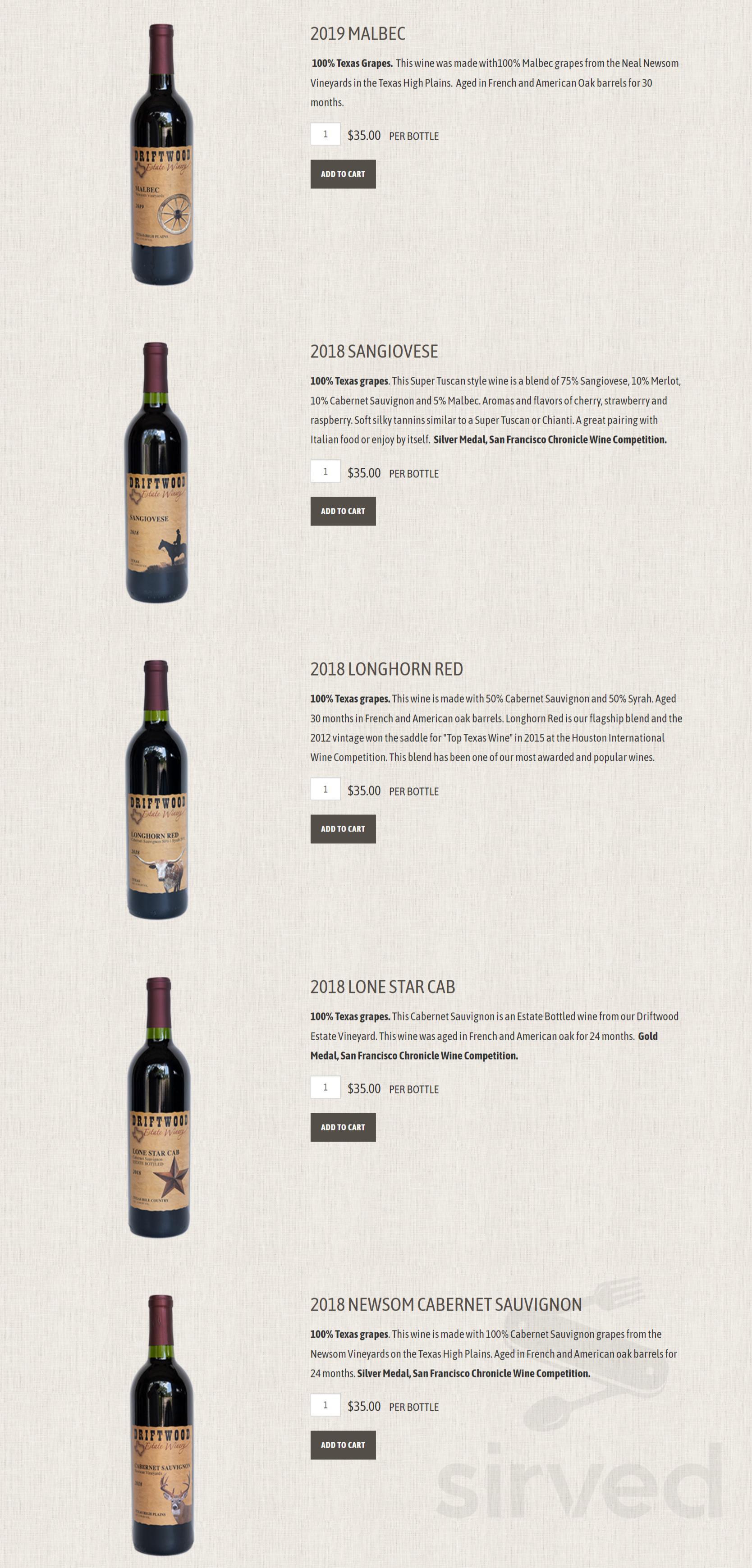 Driftwood Estate Winery menu in Driftwood, Texas, USA