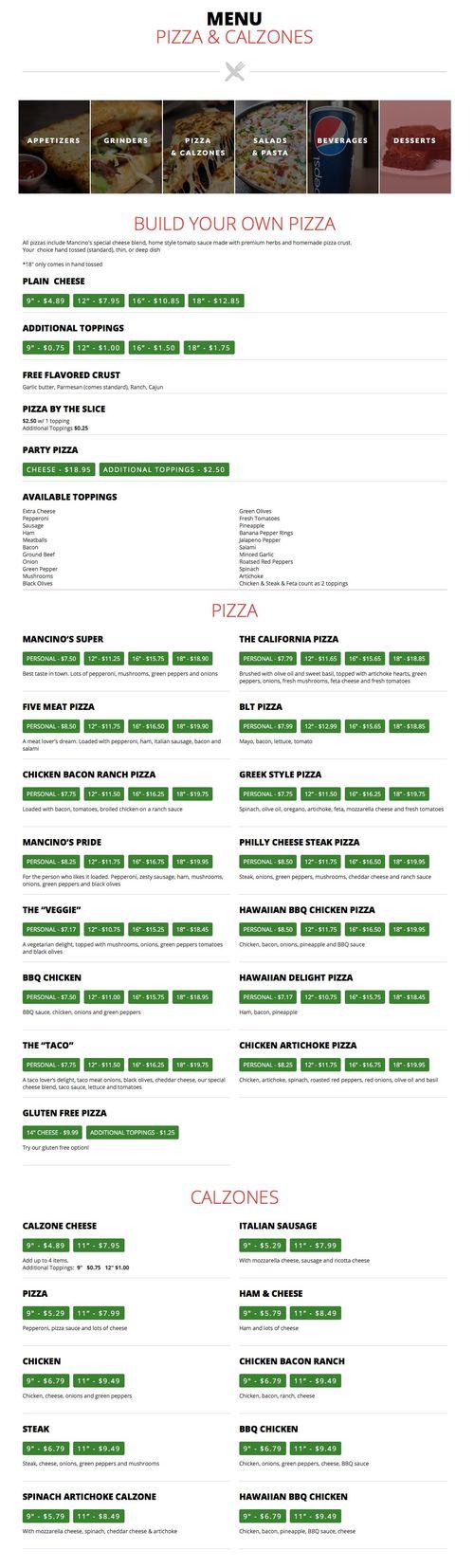 Mancino's Pizza & Grinders menu in Ann Arbor, Michigan, USA