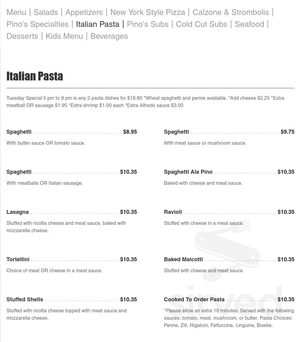 Menu - Richmond VA's Pino's Pizza | Sirved