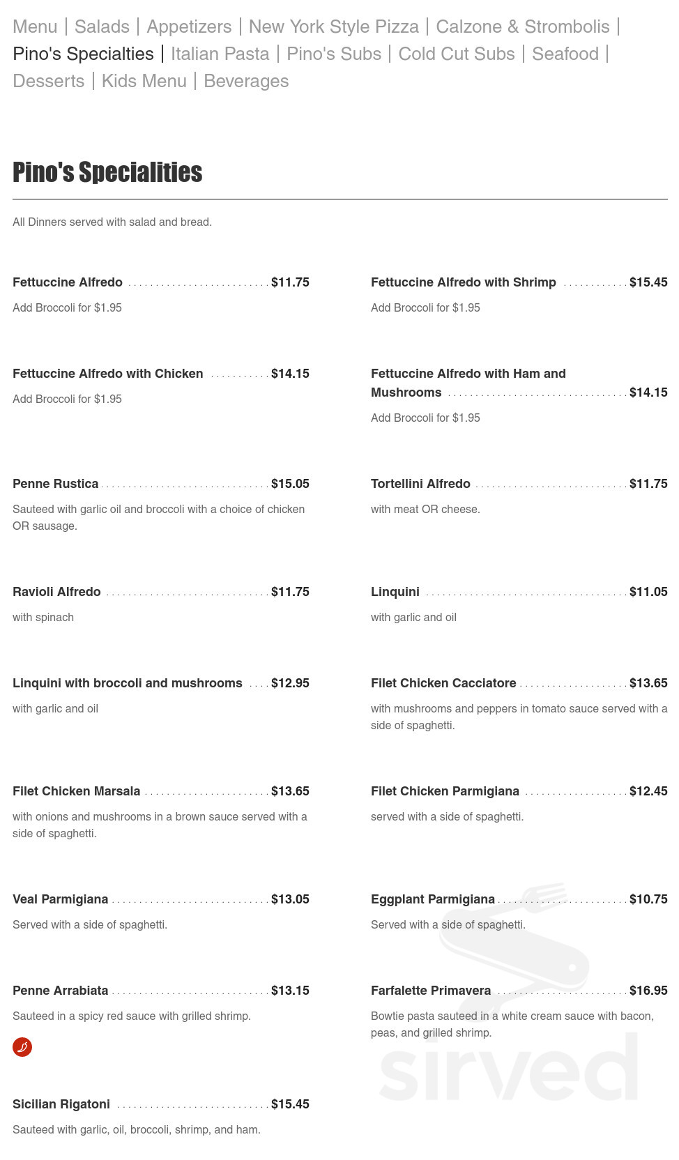Menu - Richmond VA's Pino's Pizza | Sirved
