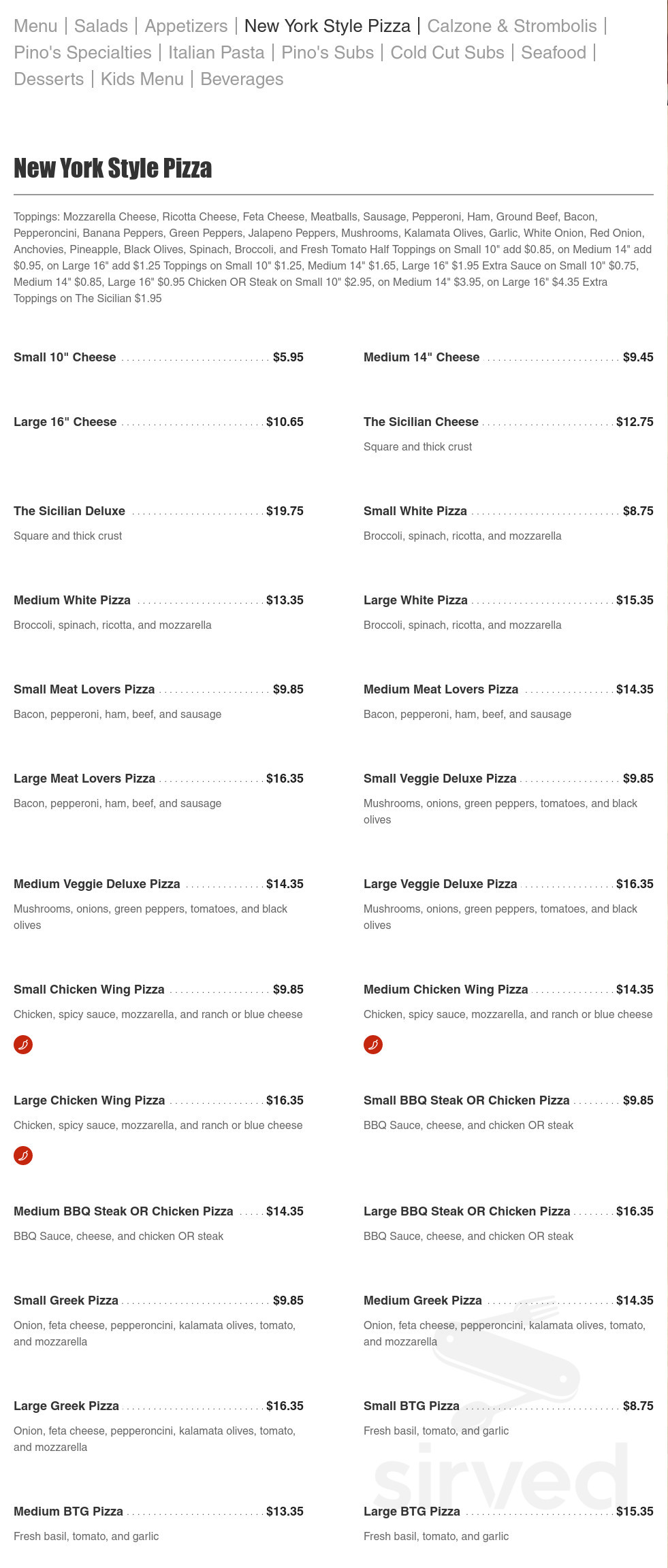 Menu - Richmond VA's Pino's Pizza | Sirved