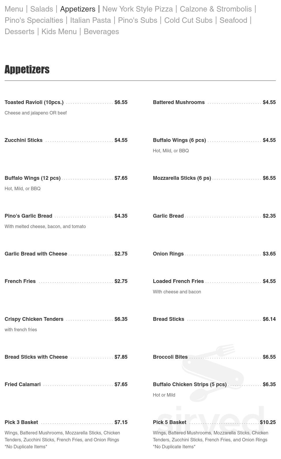 Menu - Richmond VA's Pino's Pizza | Sirved