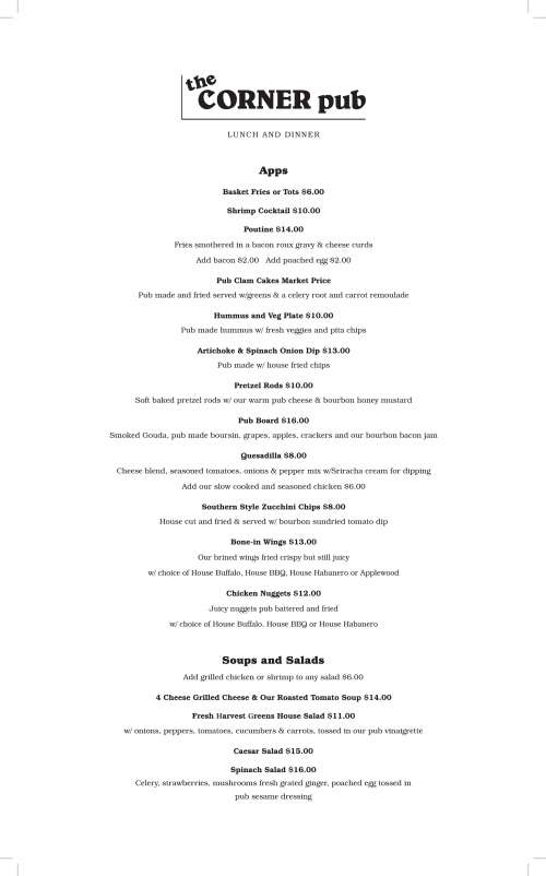 The Corner Pub menu in Kittery, Maine, USA