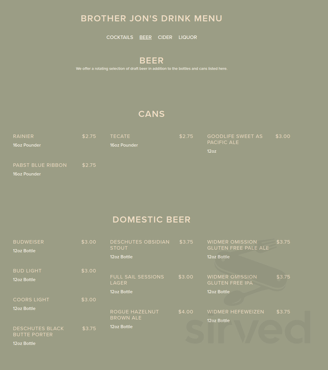 Brother Jon's Public House menu in Bend, Oregon, USA