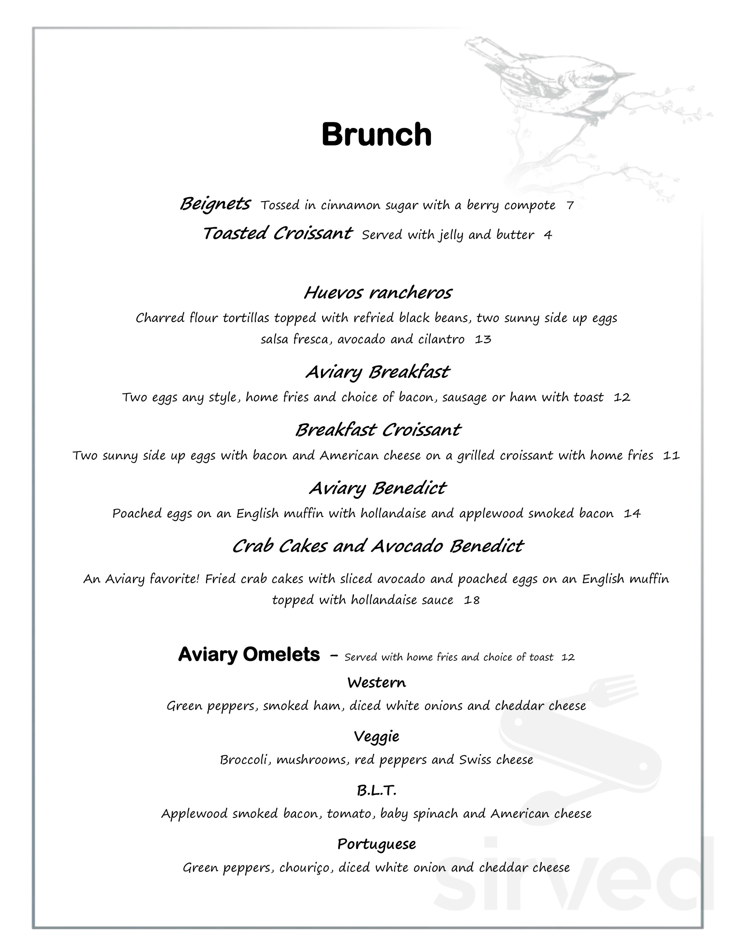 Menu - Swansea MA's The Aviary Restaurant | Sirved