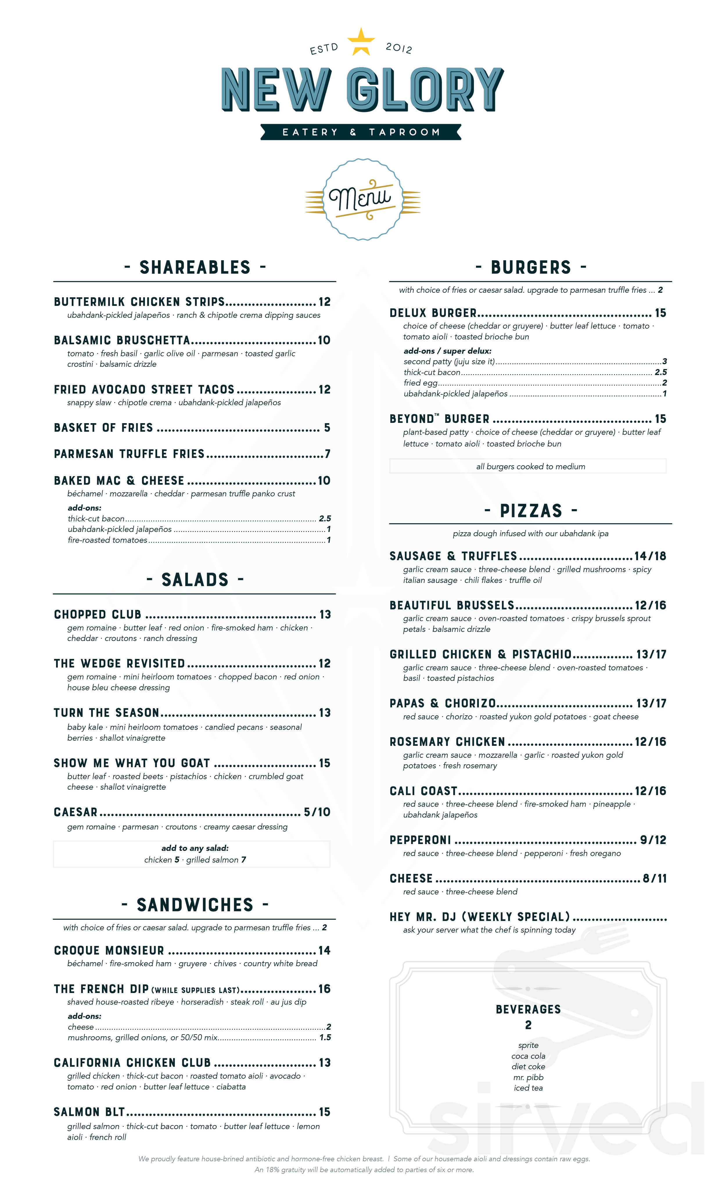 New Glory Eatery & Taproom menu in Granite Bay, California