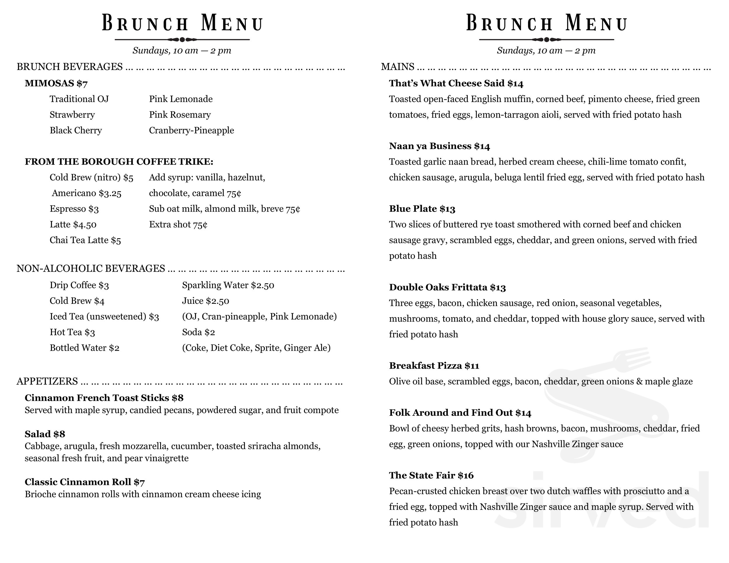Double Oaks Bed & Breakfast menu in Greensboro, North Carolina, USA