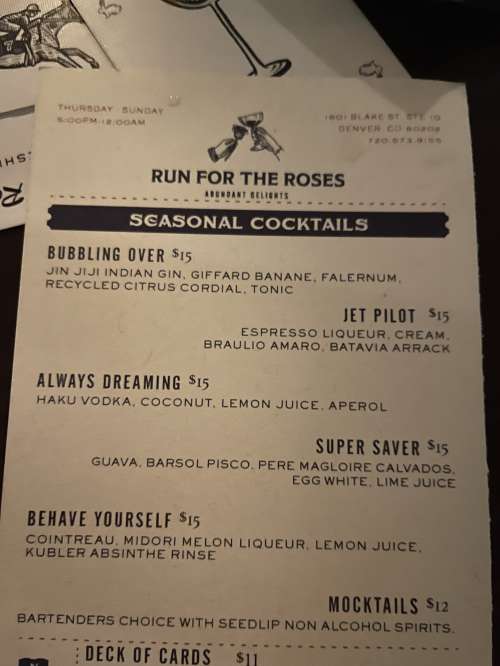 Run For The Roses menu in Denver, Colorado, USA