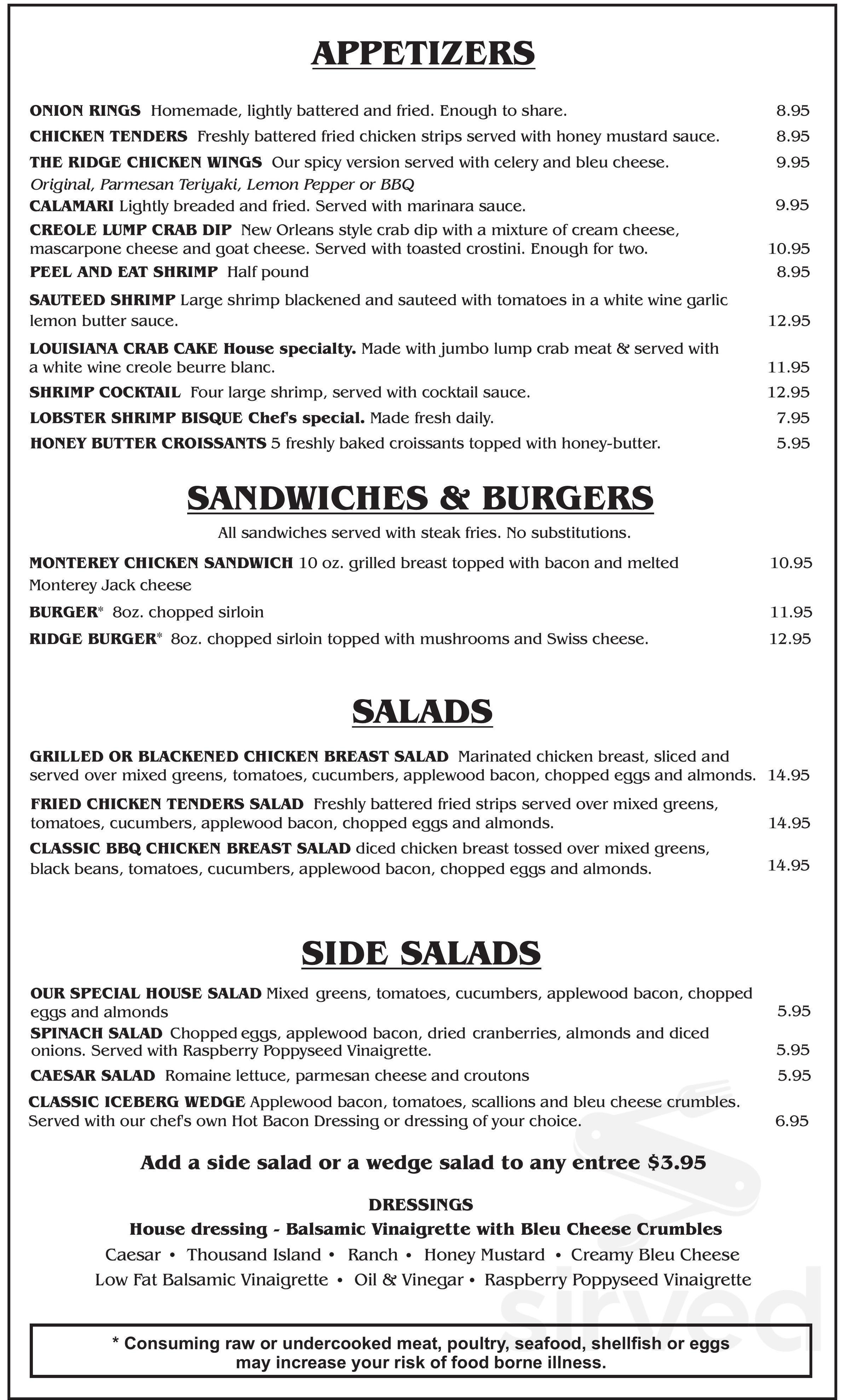 The Ridge-Great Steaks and Seafood menu in Cumming, Georgia, USA