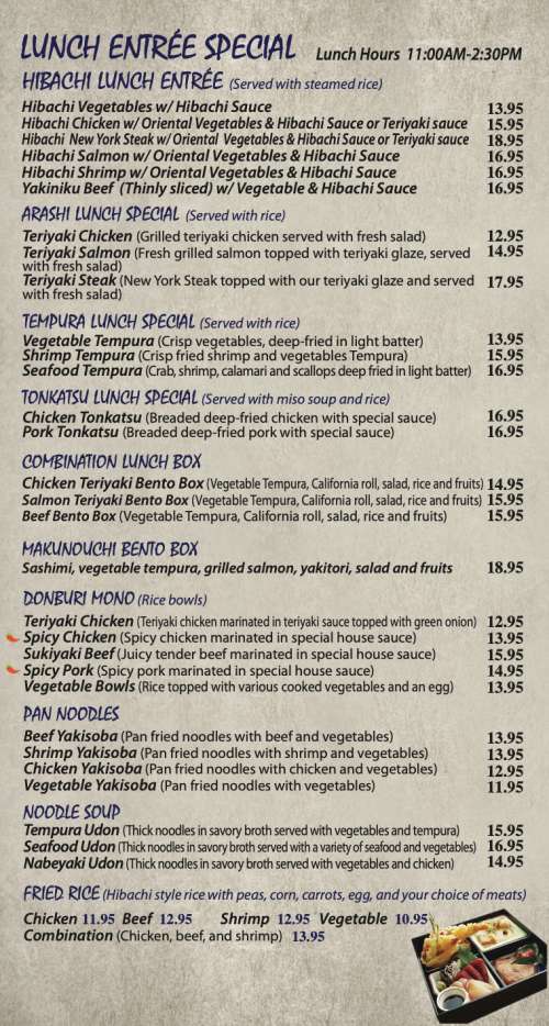 Arashi Sushi Hibachi & Grill menu in Fountain, Colorado, USA