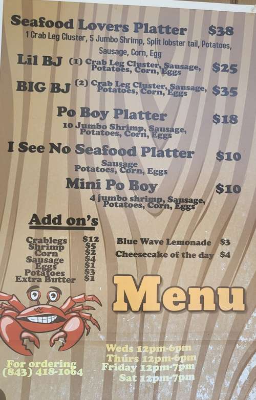 BJ's Krusty Krabs menu in Latta, South Carolina, USA