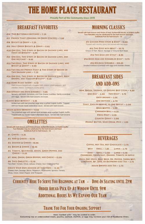 The Home Place Restaurant menu in Silverton, Oregon, USA