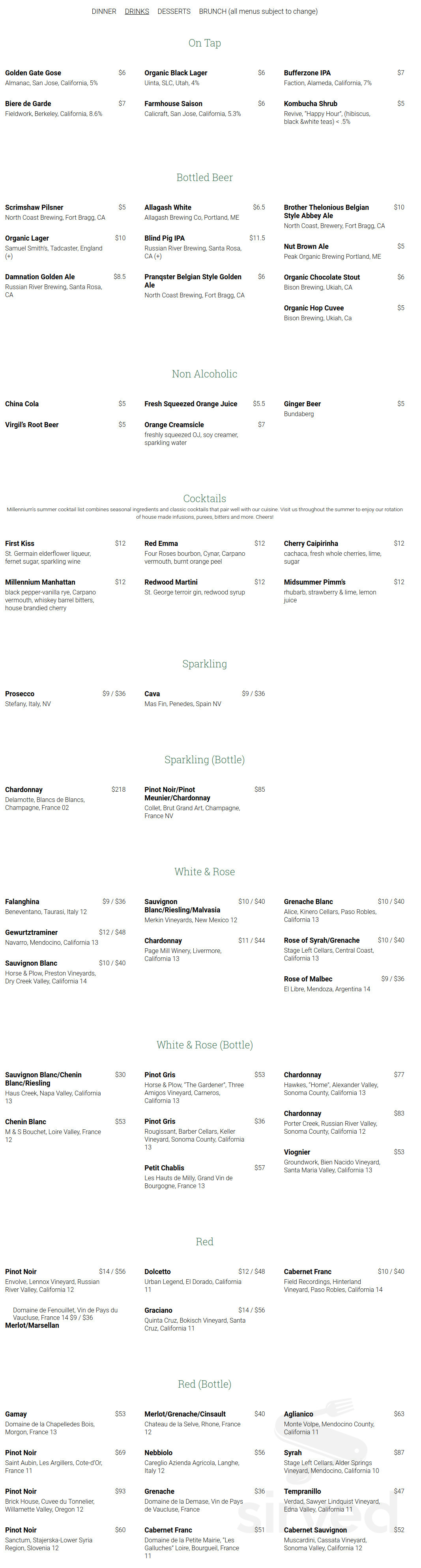 Millennium menu in Oakland, California, USA