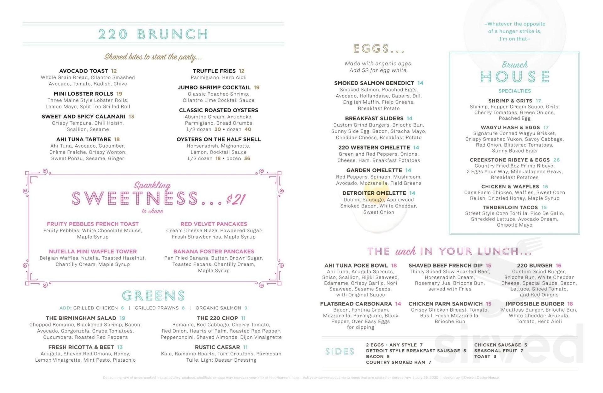 Menu - Birmingham MI's 220 Merrill | Sirved