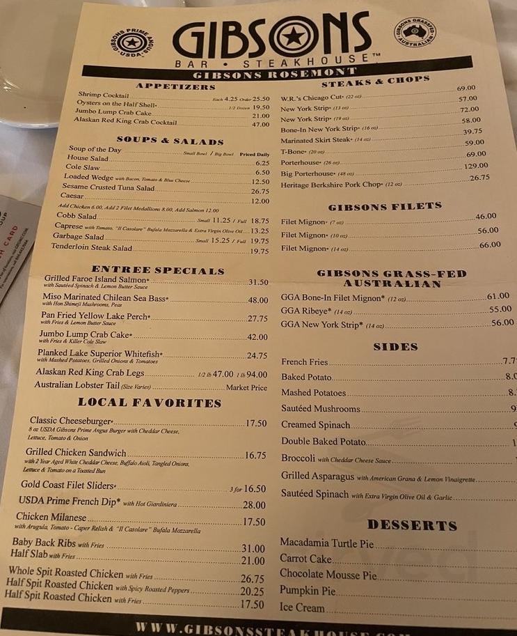 Jybons Menu Menu - Rosemont IL's Gibsons Bar & Steakhouse | Sirved