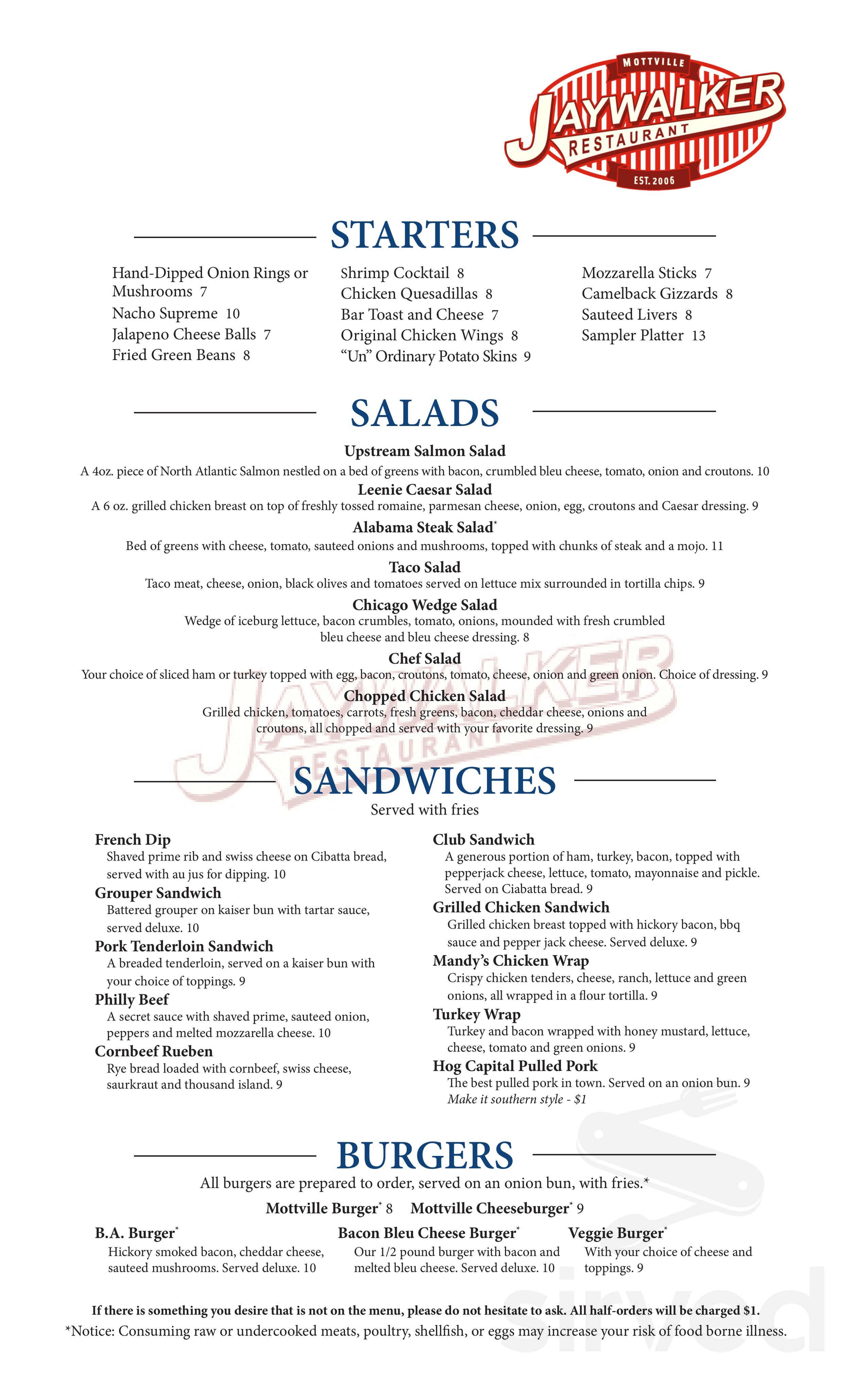 Menu for Jaywalker Restaurant in White Pigeon, MI | Sirved