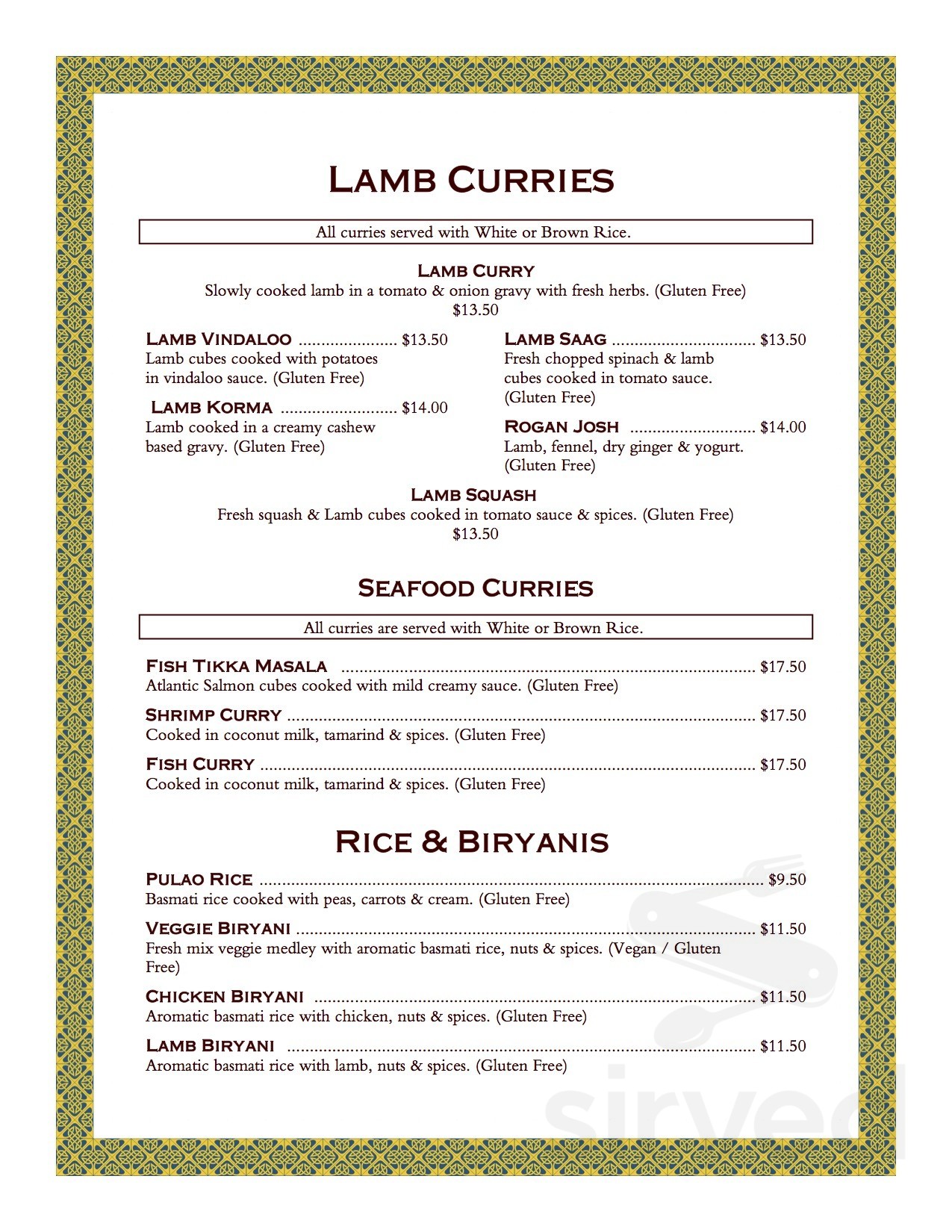 Himalayan Kabob and Curry House menu in Cotati, California, USA