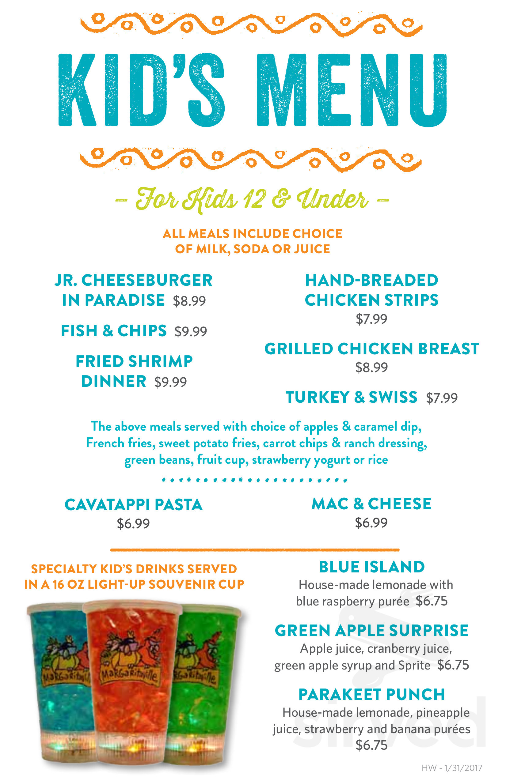 Jimmy Buffett's Margaritaville menu in Hollywood, Florida, USA