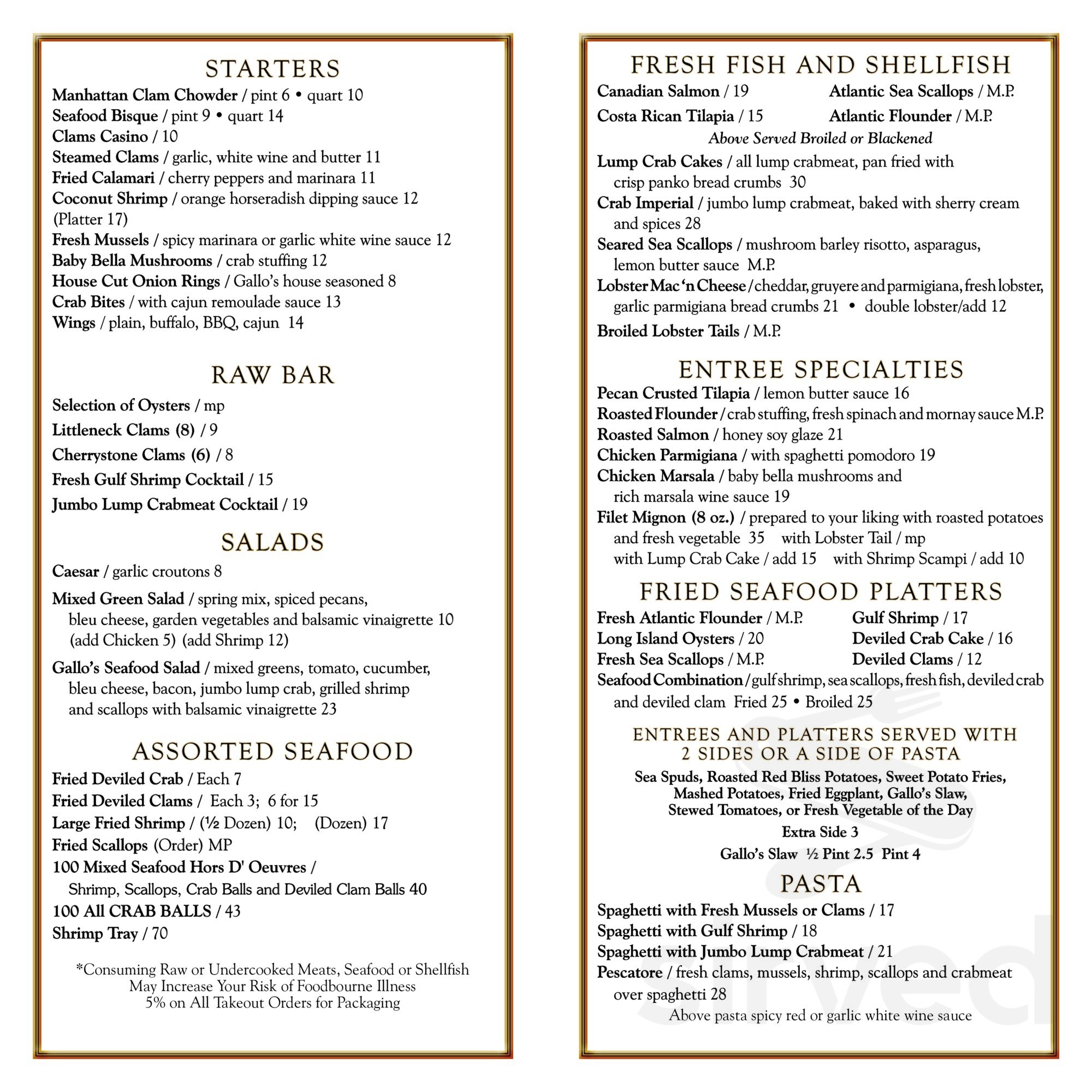 Gallo's Seafood menu in Philadelphia, Pennsylvania, USA