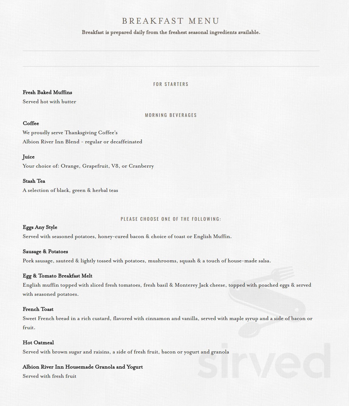 Menu - Albion CA's Albion River Inn Restaurant | Sirved