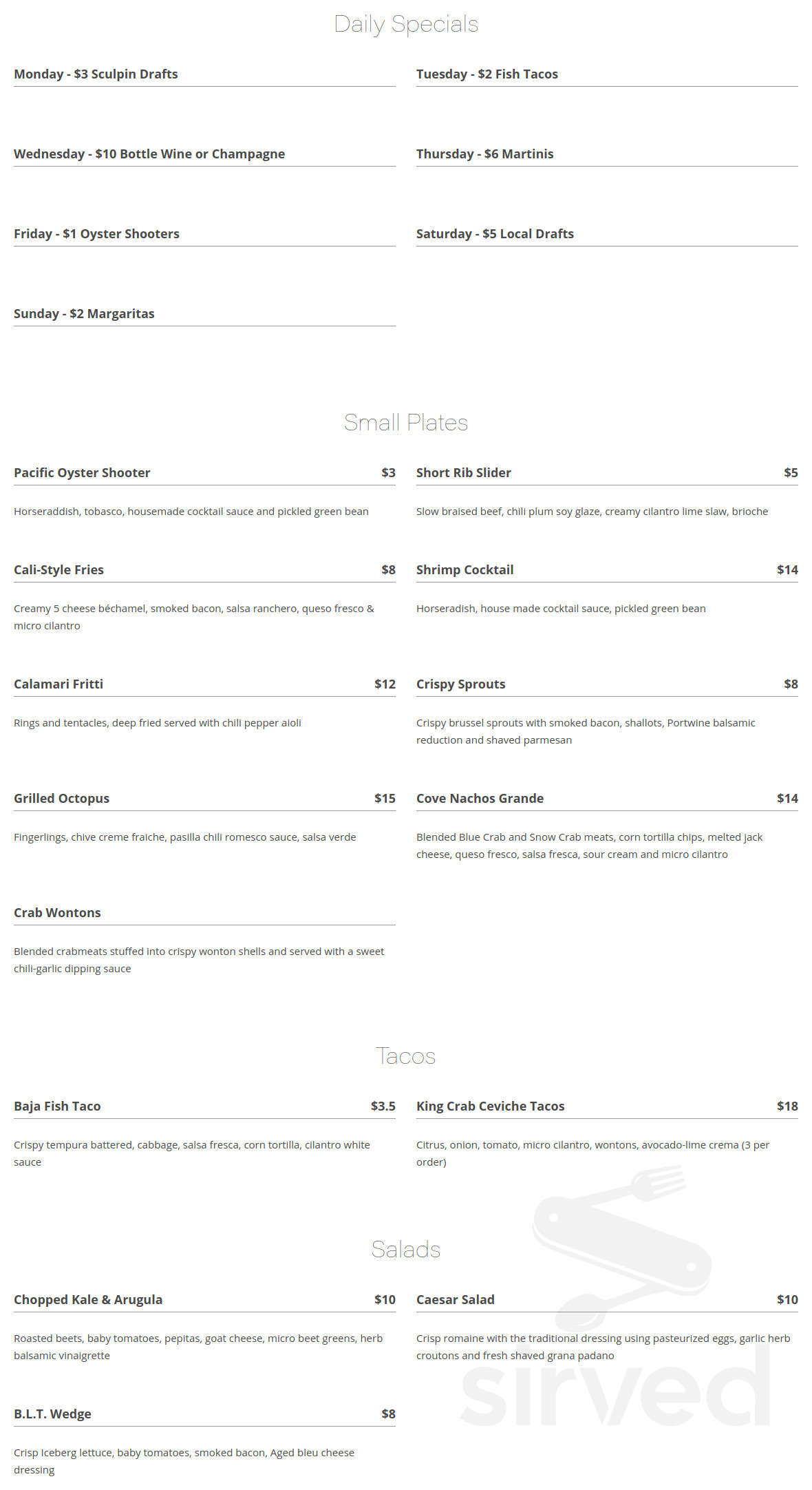 Crab Catcher menu in La Jolla, California, USA