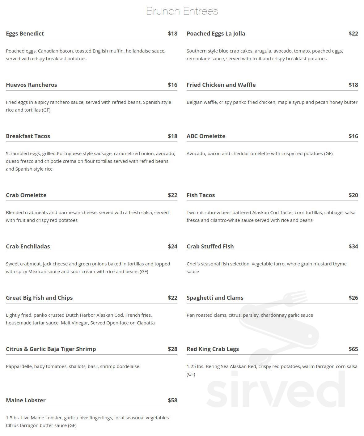 Crab Catcher menu in La Jolla, California, USA