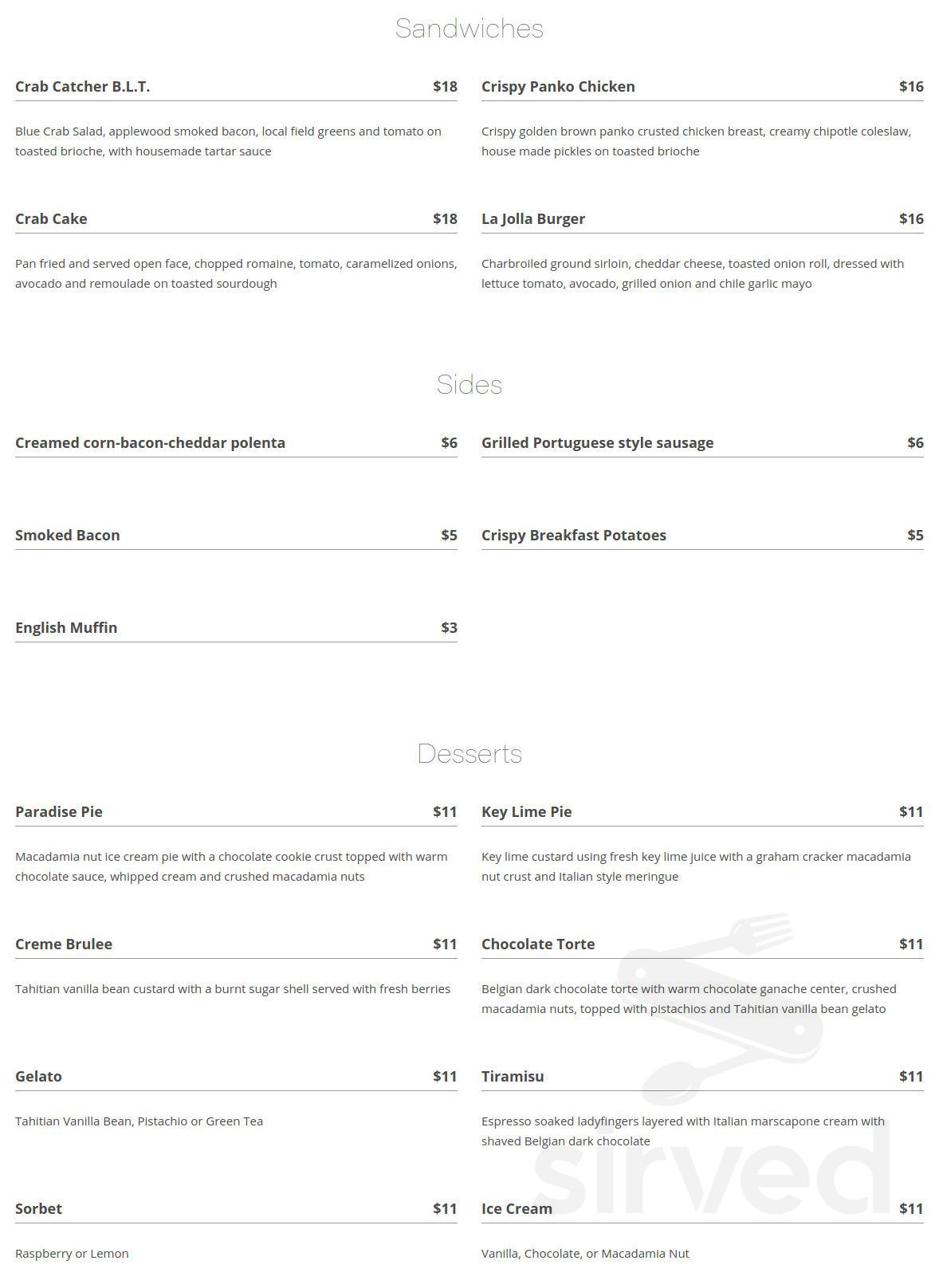 Crab Catcher menu in La Jolla, California, USA