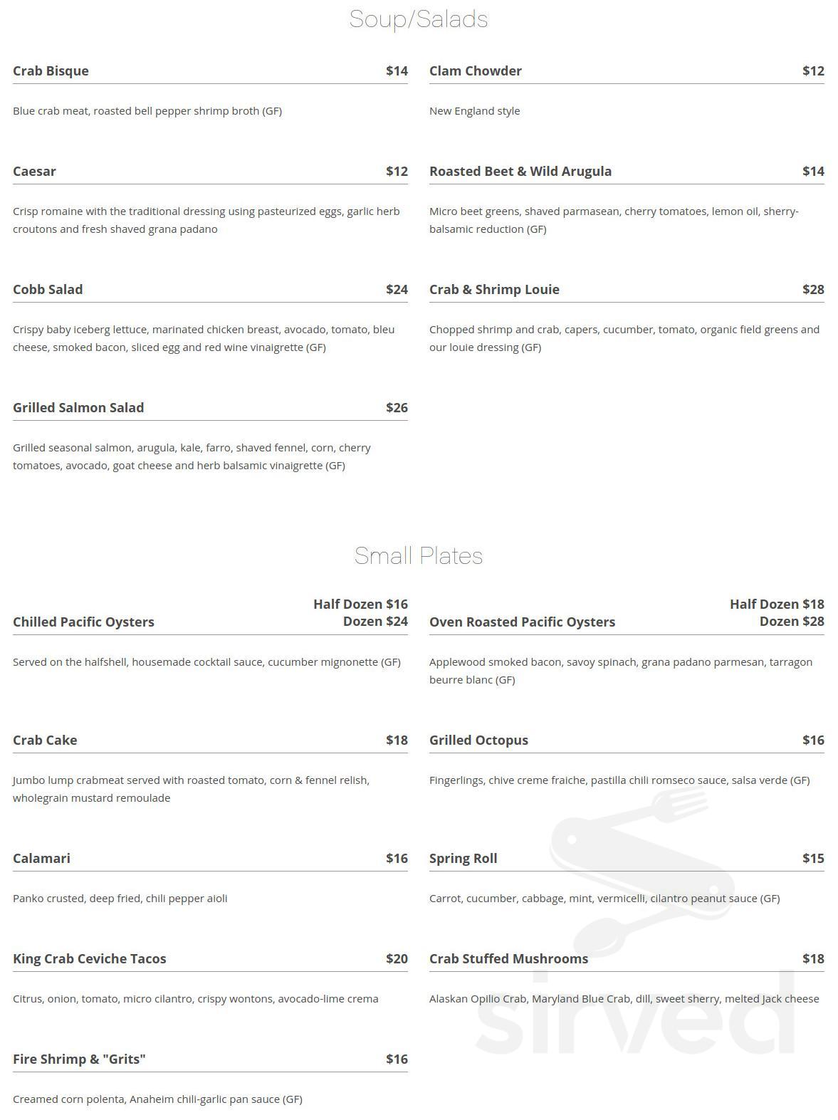 Crab Catcher menu in La Jolla, California, USA