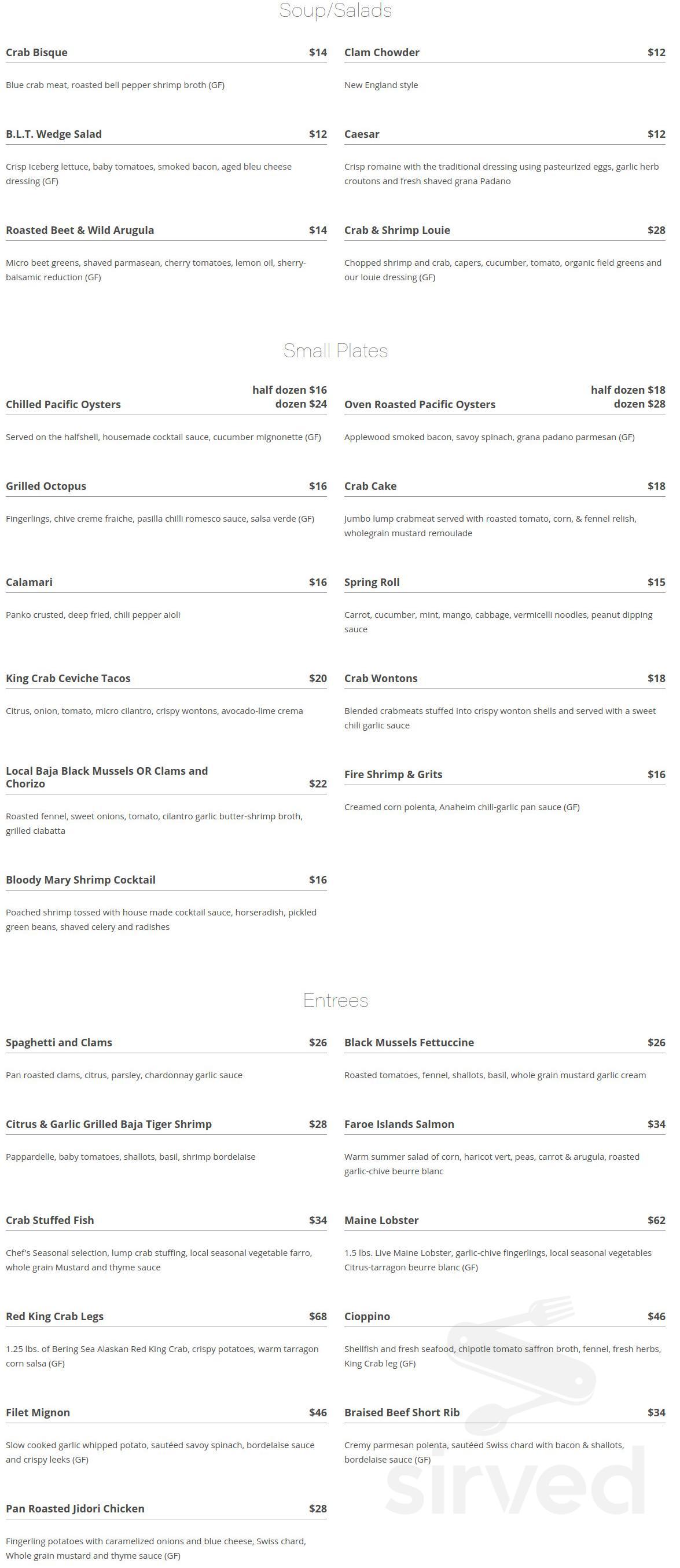 Crab Catcher menu in La Jolla, California, USA