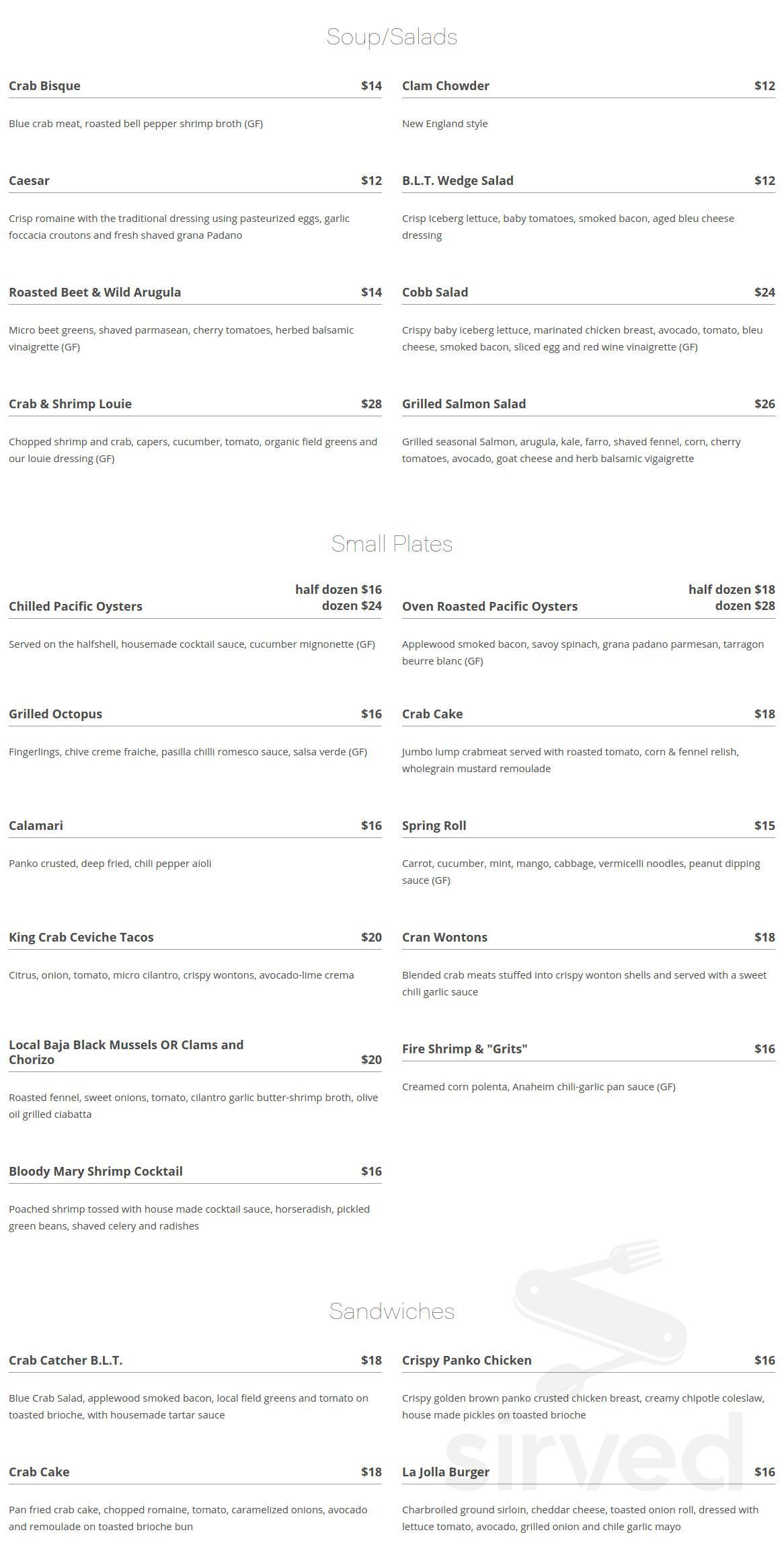 Crab Catcher menu in La Jolla, California, USA