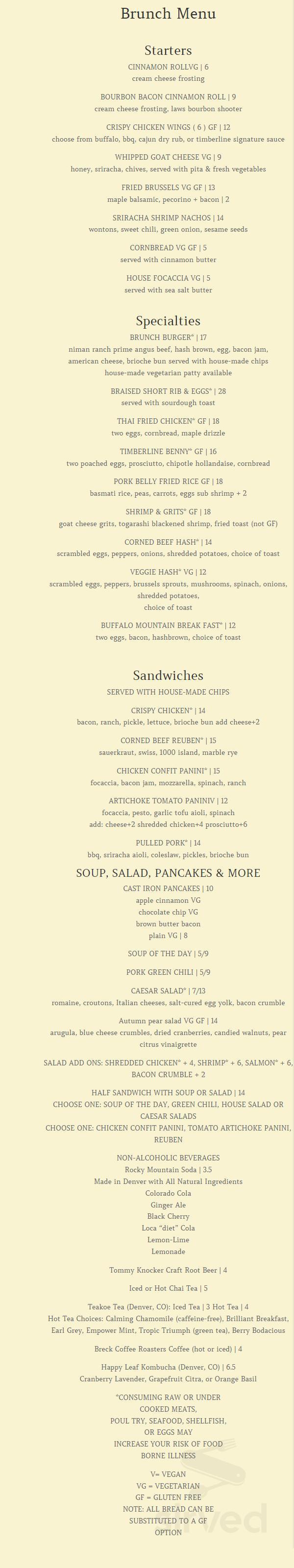 Timberline Craft Kitchen & Cocktails menu in Silverthorne, Colorado, USA