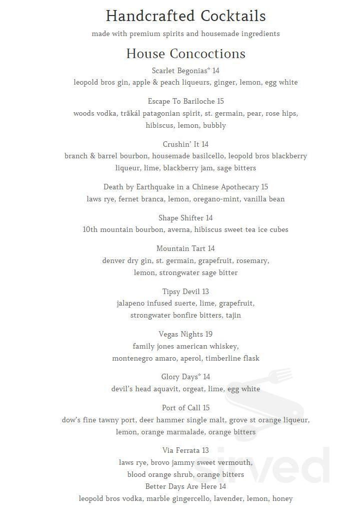 Timberline Craft Kitchen & Cocktails menu in Silverthorne, Colorado, USA